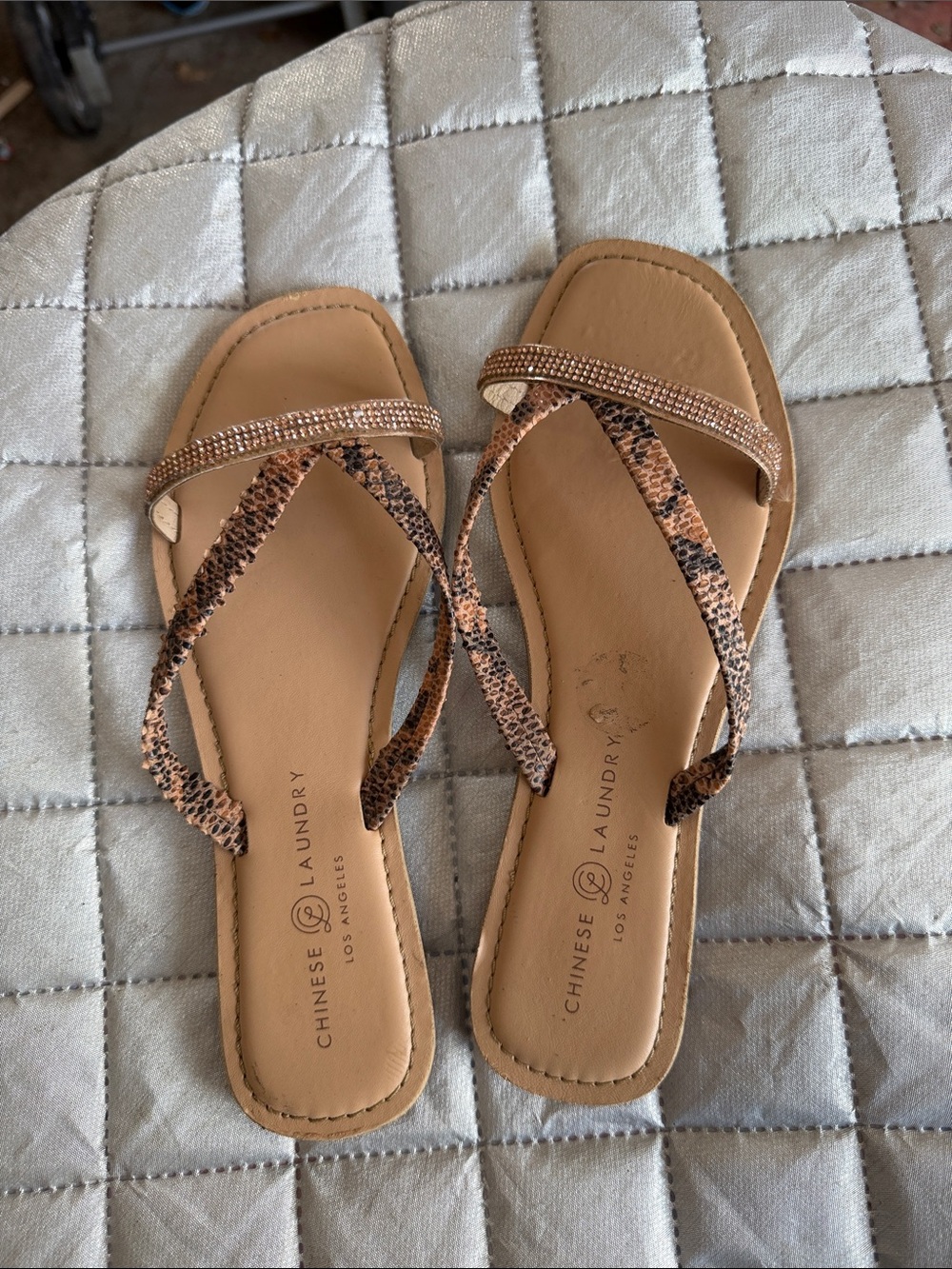 Chinese Laundry Tan Snake-Print Rhinestone-Trim Thong Sandals